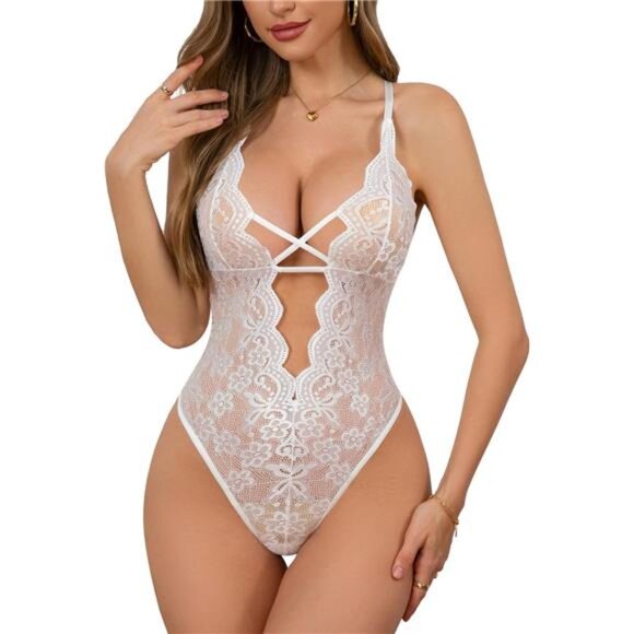 Women Sexy Deep V Teddy Bodysuit Lace Lingerie White - Picture 1 of 6